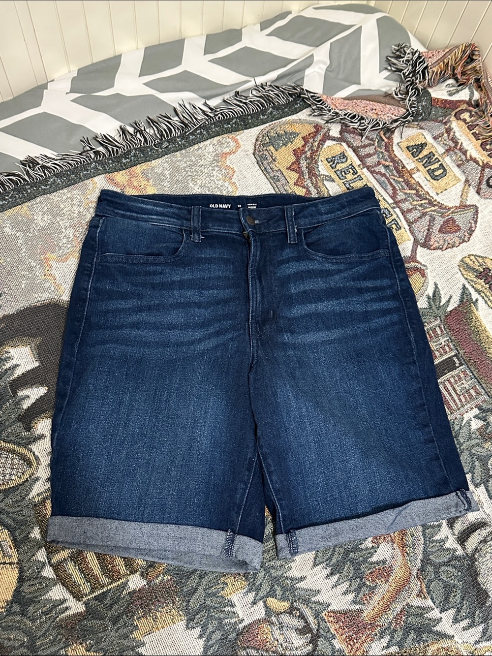 Old Navy Dark Blue Rolled-Hem High Rise Women's Denim Bermuda Shorts